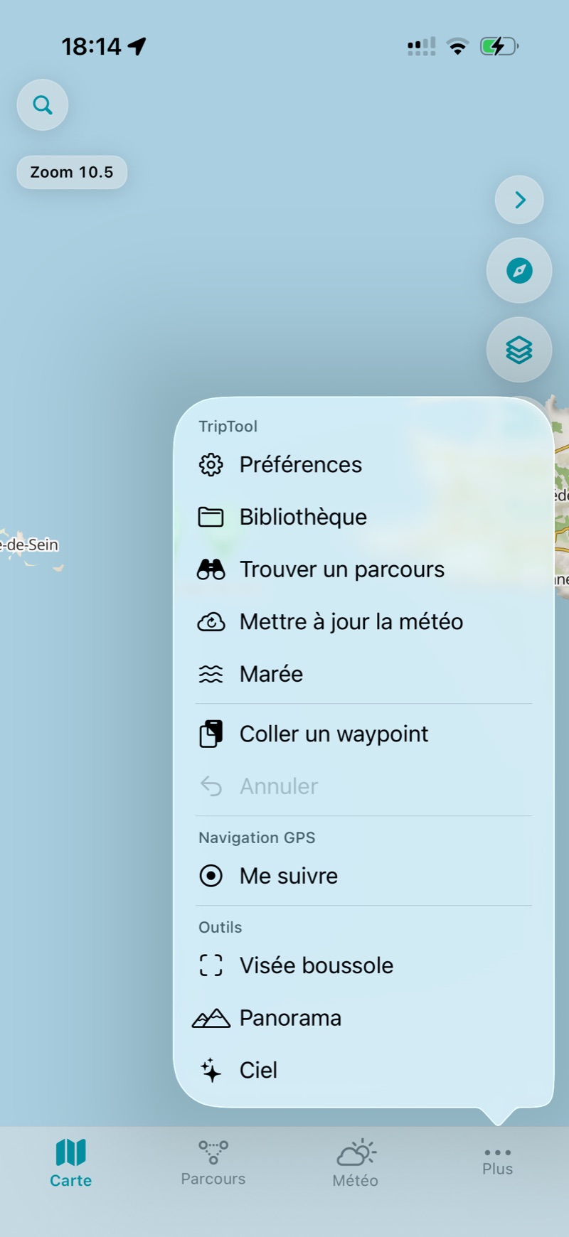 Le menu Plus avec l’entrée « Coller un waypoint ».