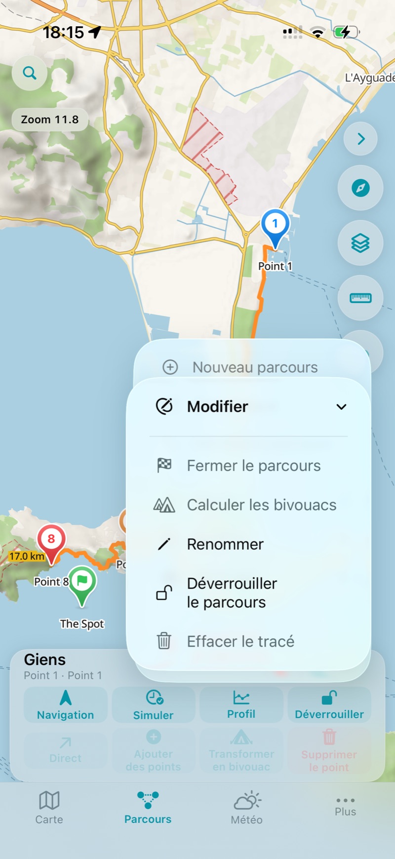 Modifier : fermer le parcours, calculer les bivouacs, renommer, verrouiller, effacer le tracé.