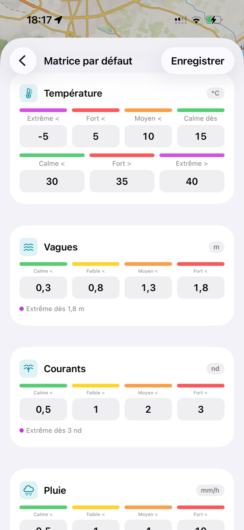 L’éditeur de profil : la carte Courants, avec une barre de couleur au-dessus de chaque seuil.
