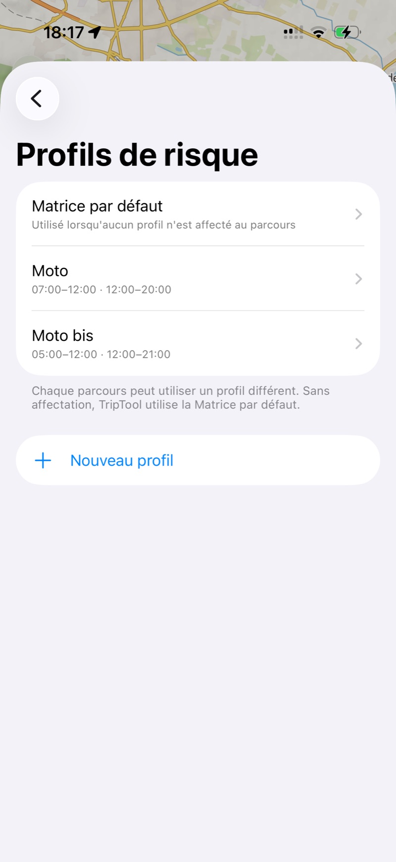 La liste des profils de risque, avec Nouveau profil.