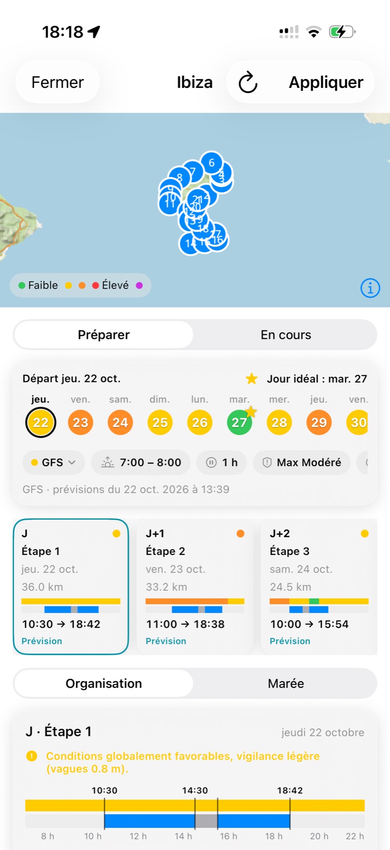 L’écran Simuler : la carte du parcours, le ruban de jours et l’organisation de la journée.