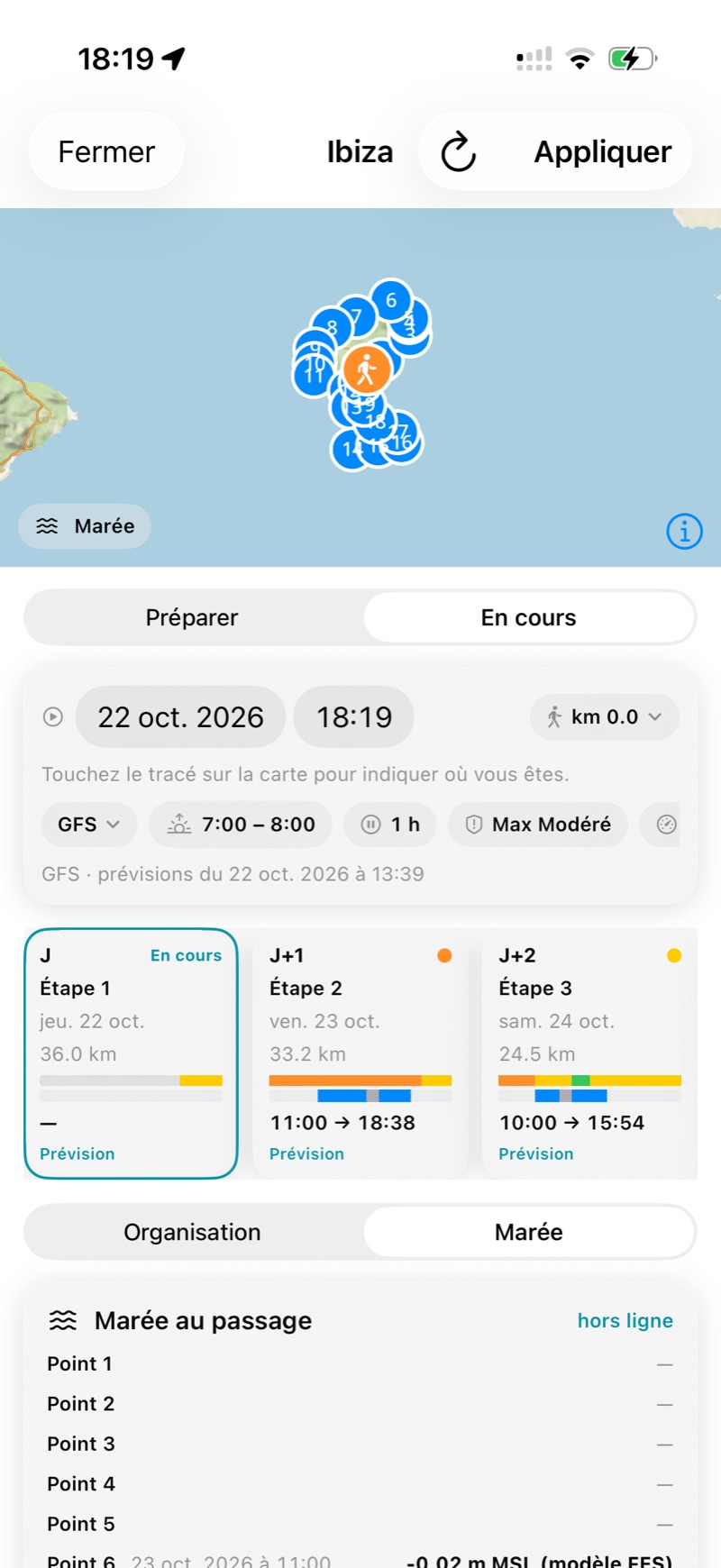Mode En cours : repère orange sur la position atteinte, portion déjà parcourue en gris.
