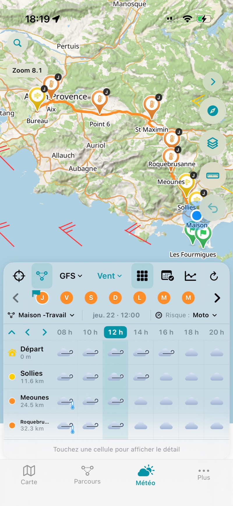 La matrice Conditions en mode Parcours : une ligne par point, bandeaux de jour entre les étapes.
