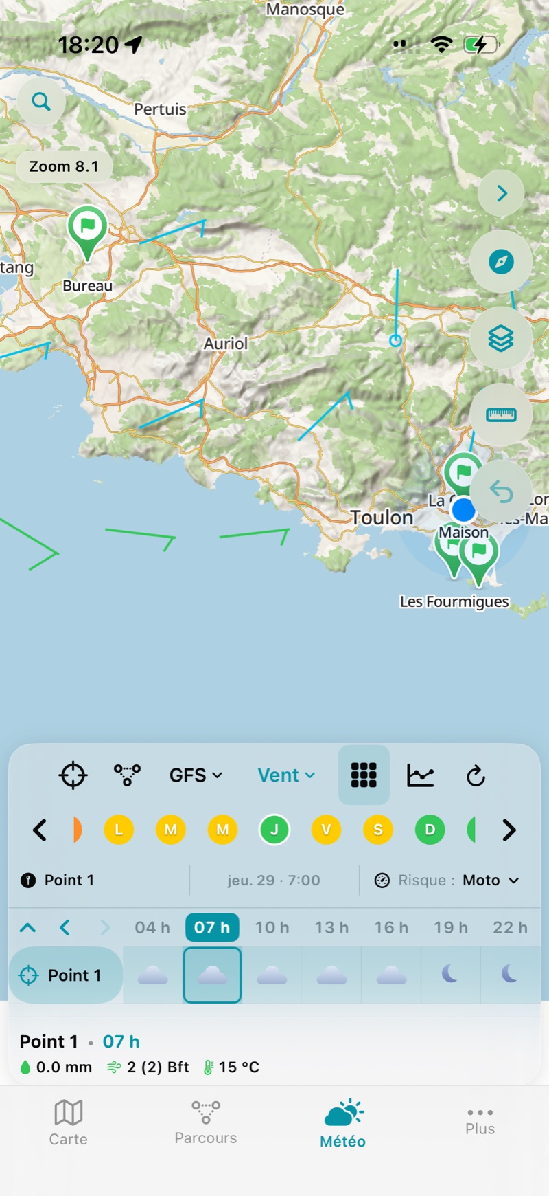 La matrice Conditions pour un point : une ligne de pictogrammes heure par heure.