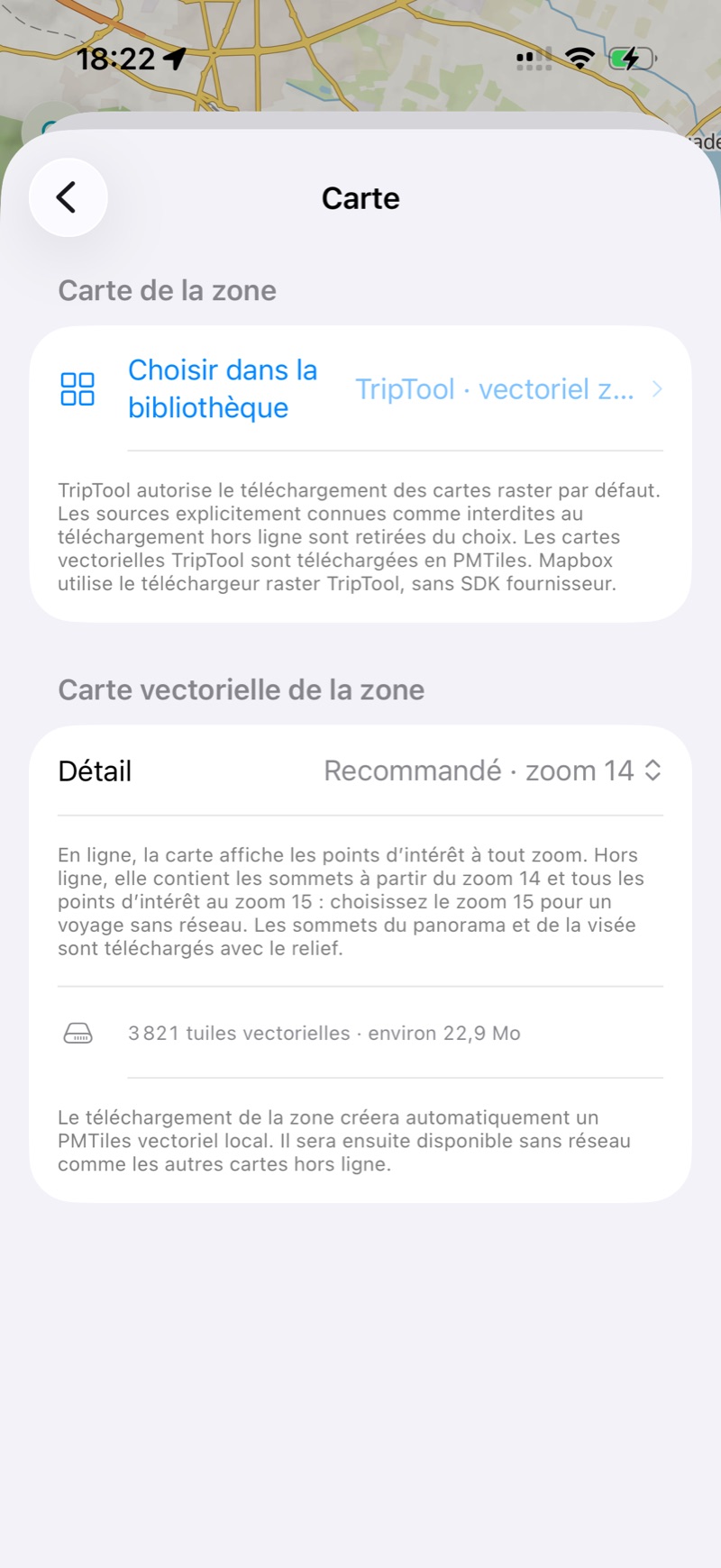Carte d’une zone : le niveau de détail, ce que contient la carte hors ligne et le poids estimé.