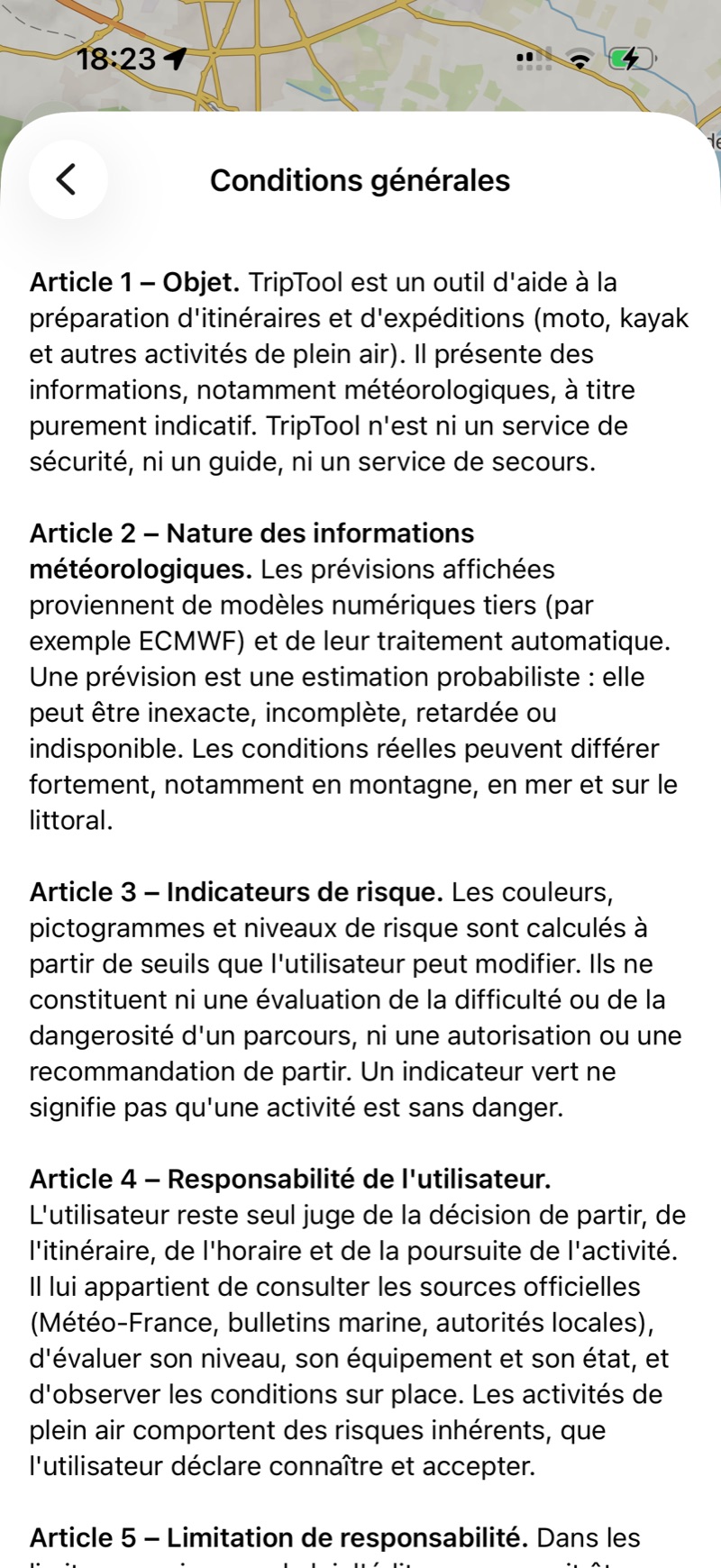 Les conditions générales, consultables depuis les Préférences.